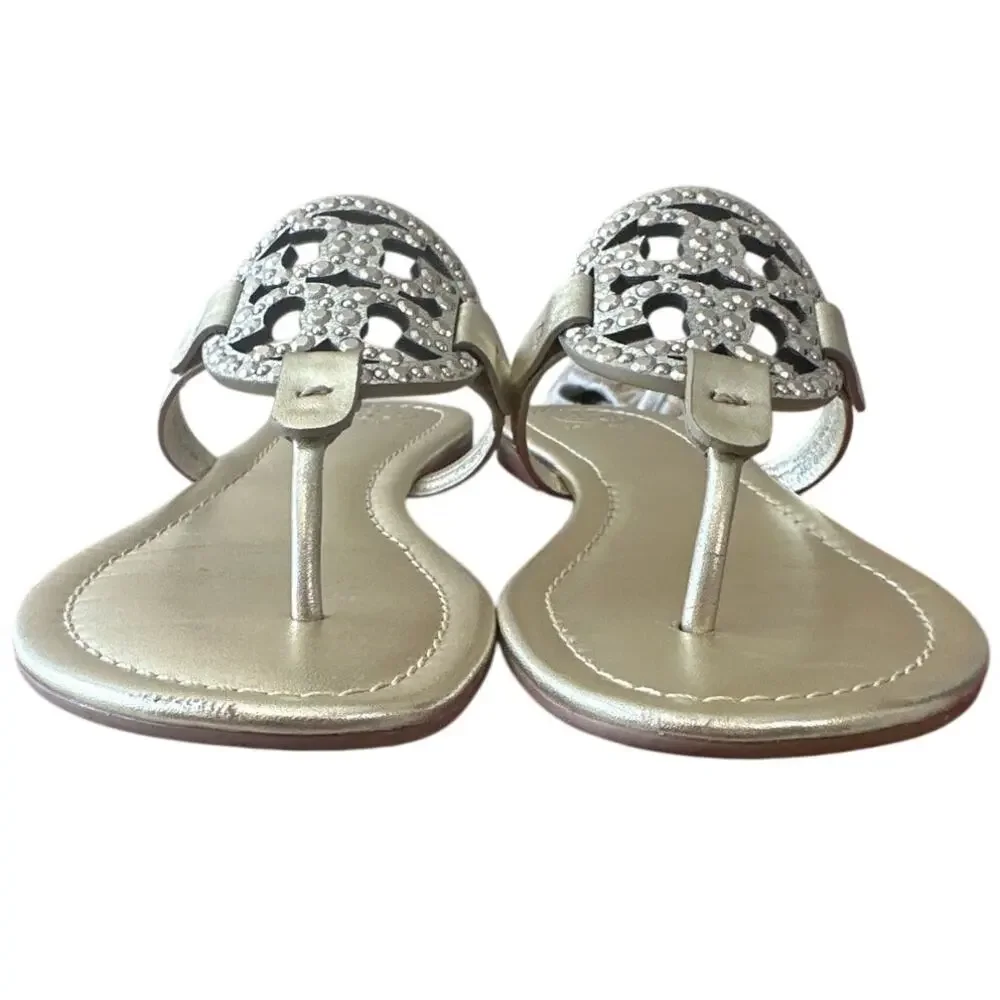 Tory Burch Miller Embellished Sandals Spark Gold 7.5 Metallic Thong
